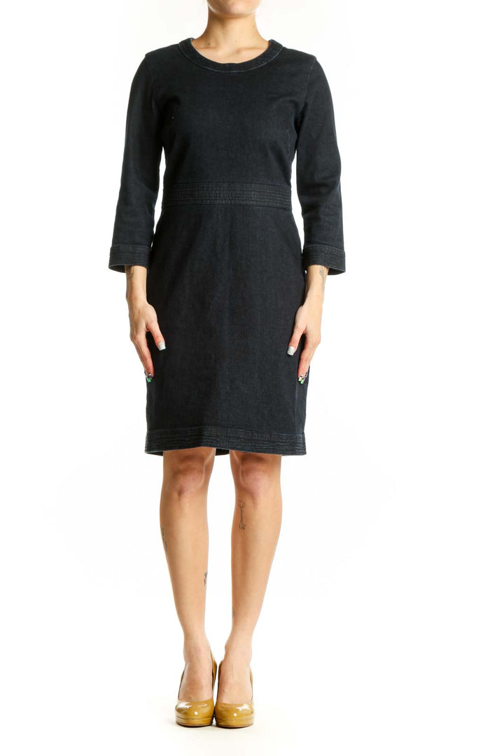 Black denim sheath dress with three-quarter sleeves and fitted waistband, front view