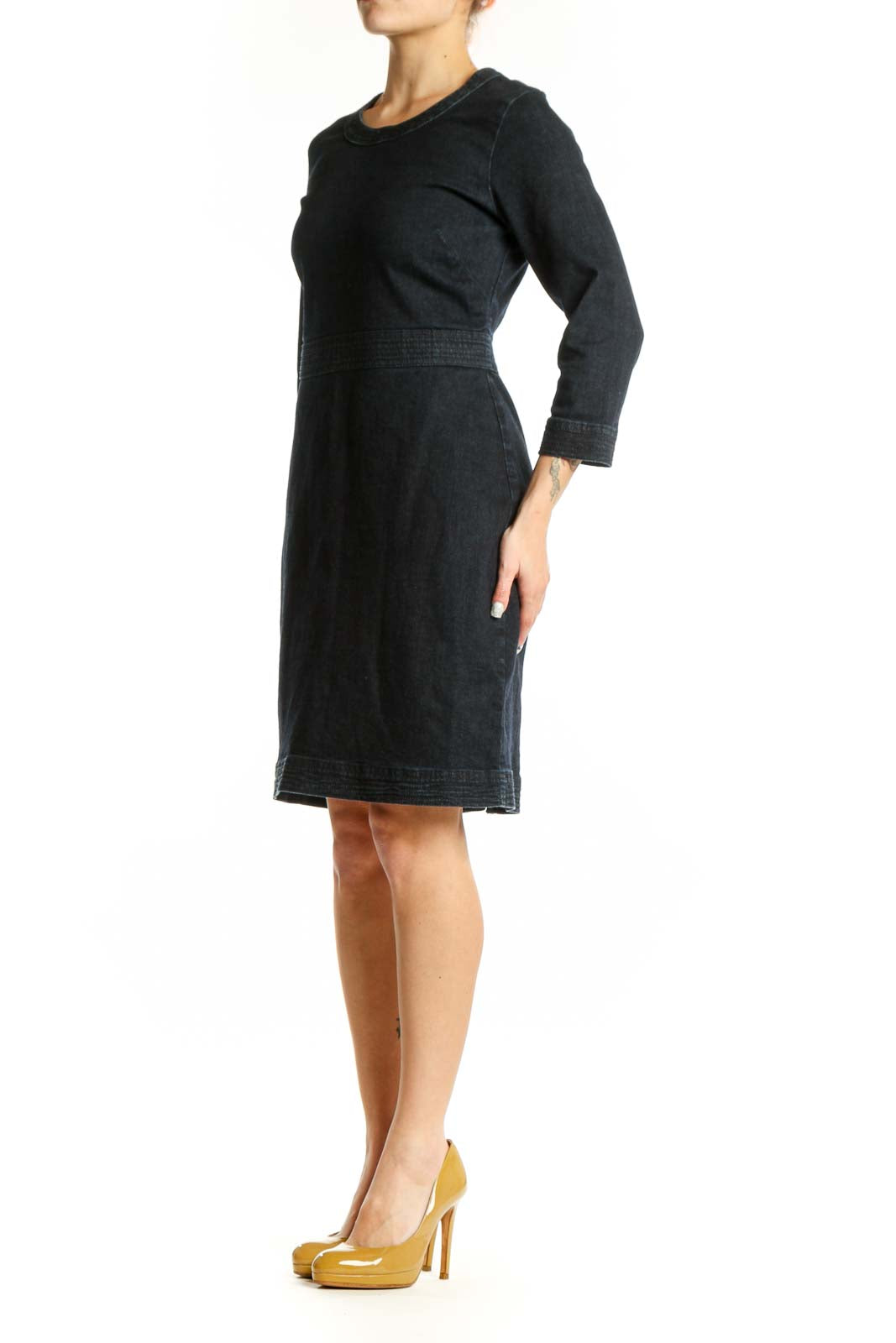 Black denim sheath dress with three-quarter sleeves and fitted waistband, front view