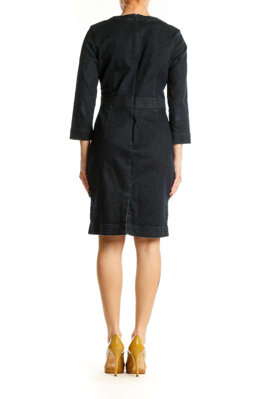 Black denim sheath dress with three-quarter sleeves, back view showing classic silhouette