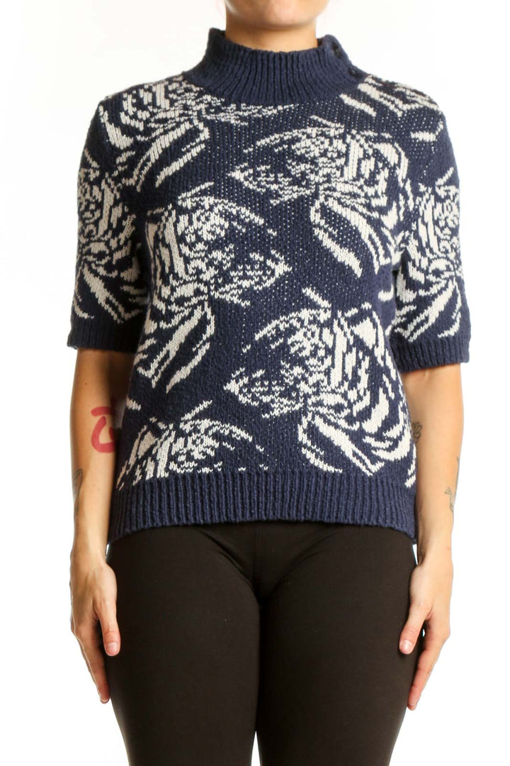 Navy floral jacquard turtleneck sweater with cream botanical pattern, front view