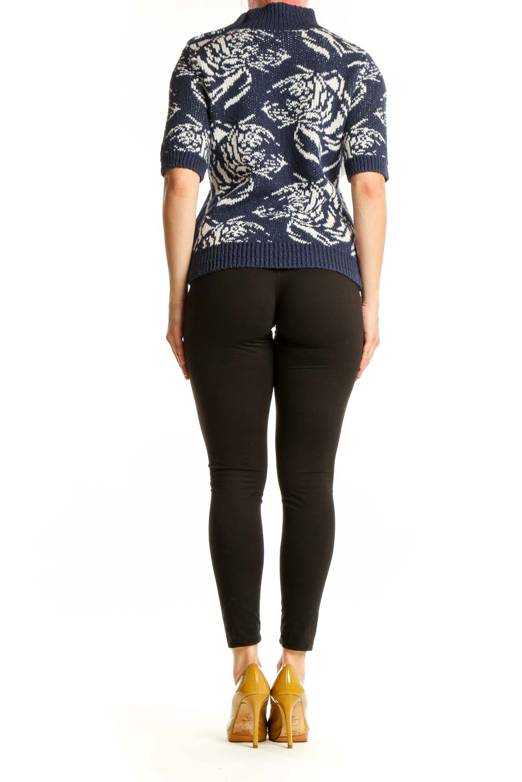 Navy floral jacquard turtleneck sweater with cream botanical pattern, back view