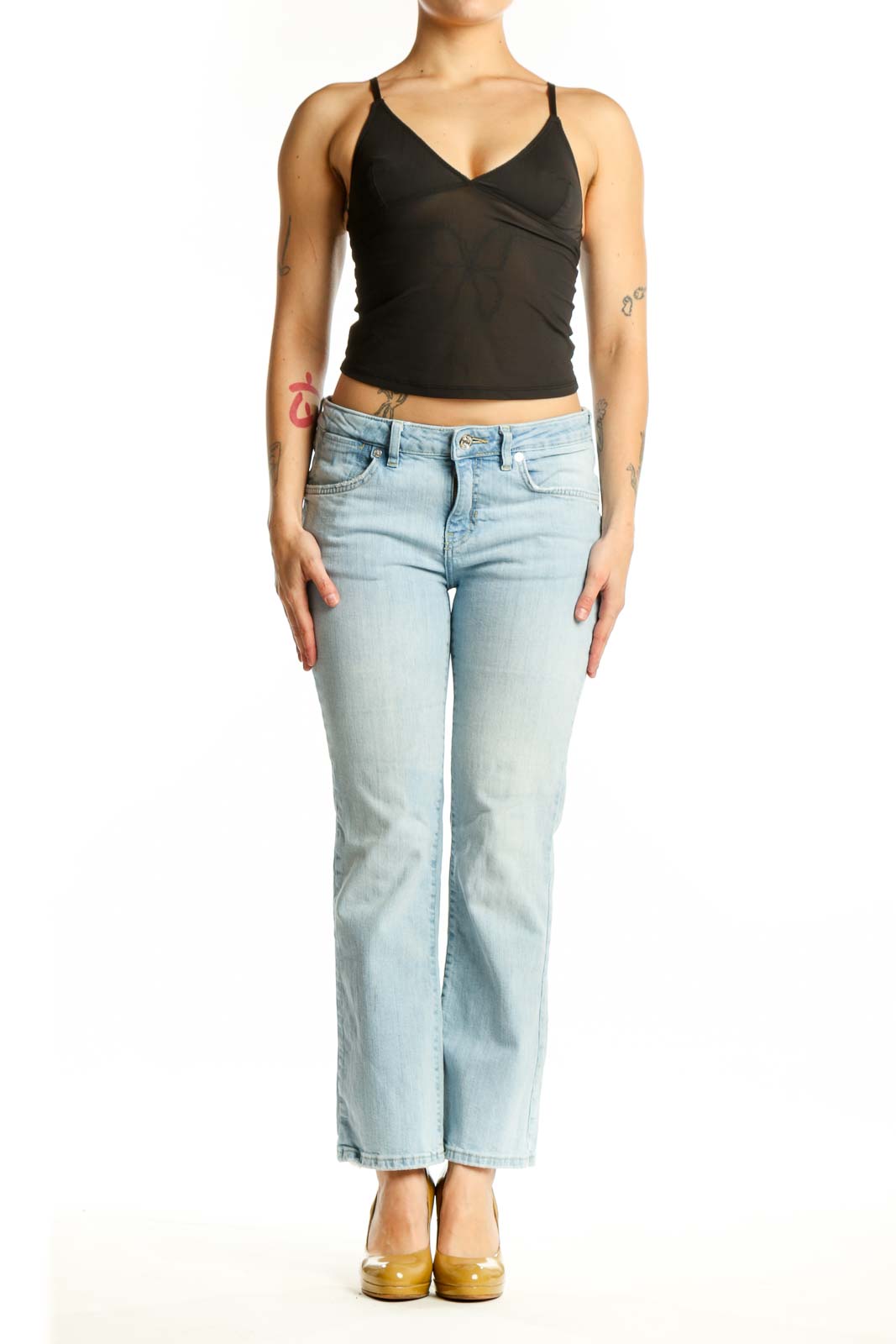 Front view of light blue denim flare jeans by WE THE FREE, size M, featuring mid-rise fit and classic light wash