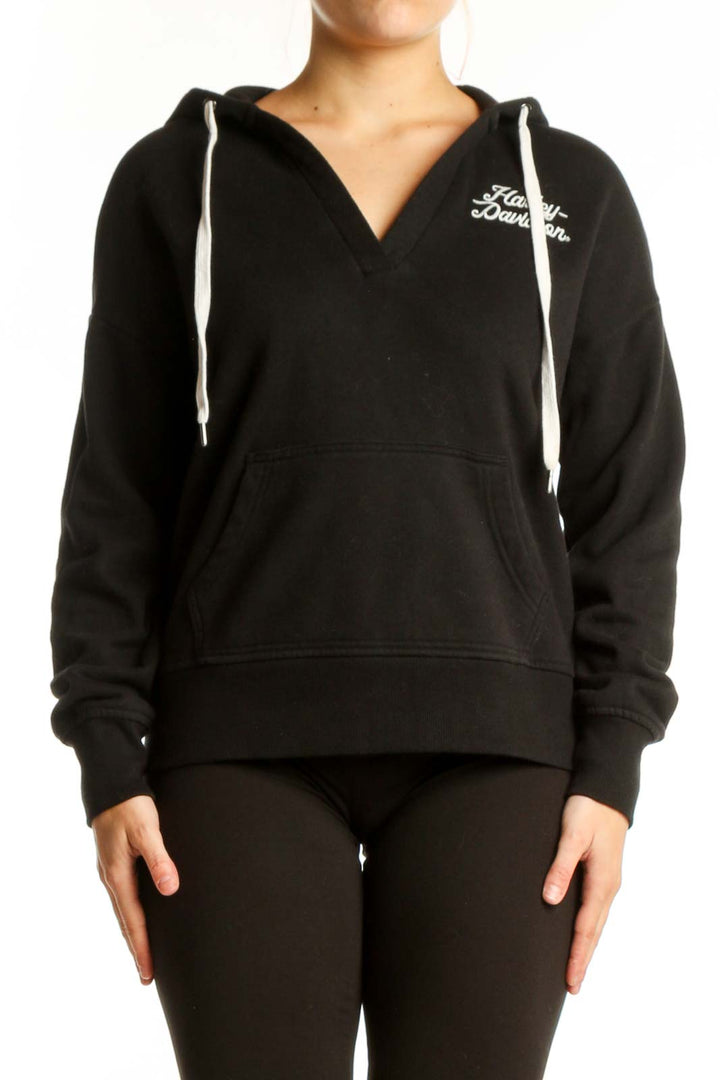 Black Harley Davidson hoodie sweatshirt with embroidered logo and drawstring hood, front view