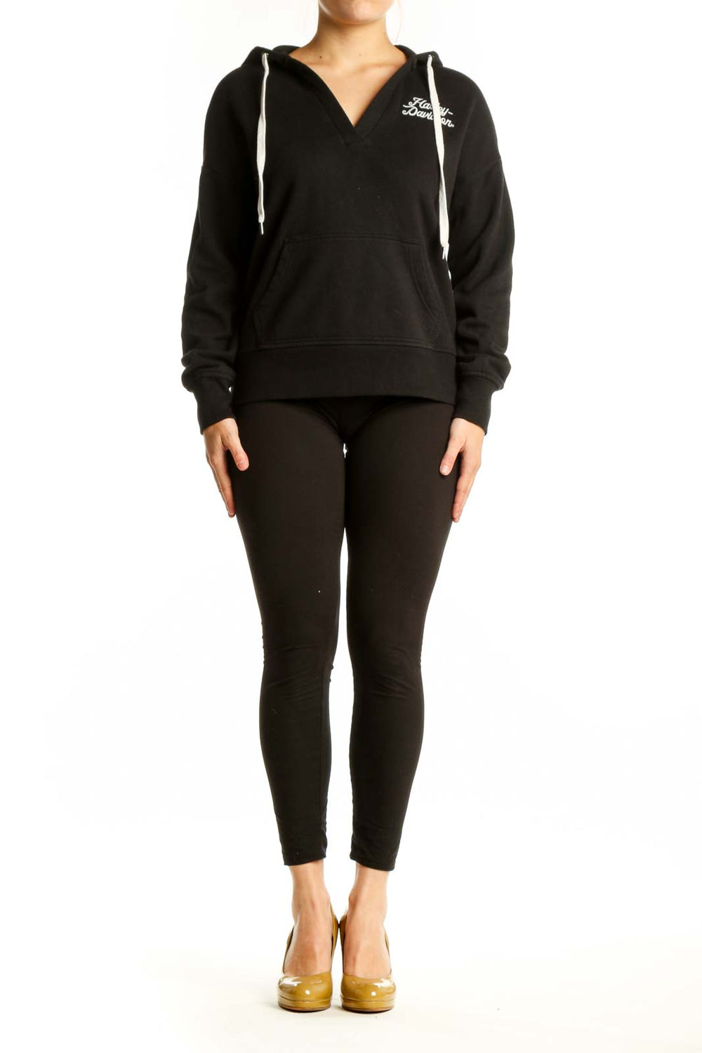 Black Harley Davidson hoodie sweatshirt with embroidered logo and drawstring hood, front view