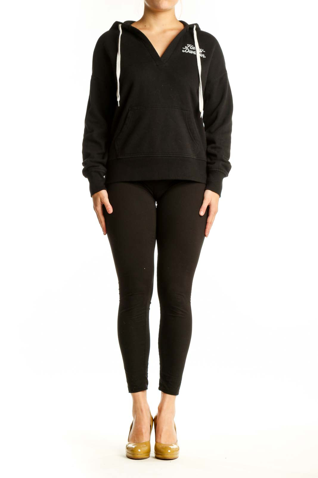 Black Harley Davidson hoodie sweatshirt with embroidered logo and drawstring hood, front view