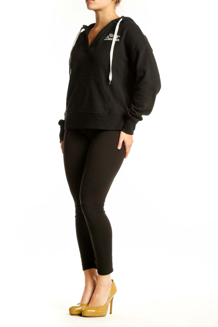 Black Harley Davidson hoodie sweatshirt with embroidered logo and drawstring hood, front view