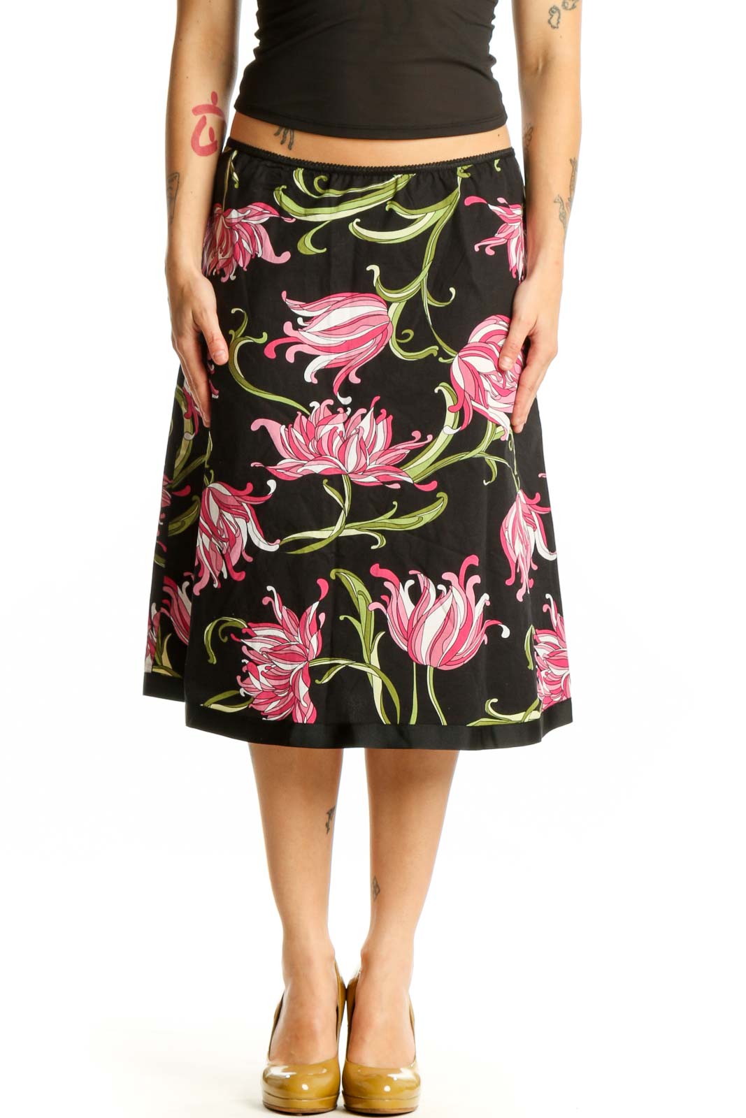 Black floral A-line midi skirt with pink flowers and green foliage, front view