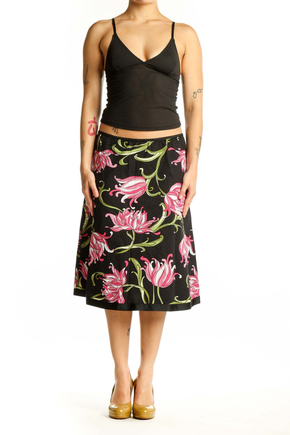 Black floral A-line midi skirt with pink flowers and green foliage, front view