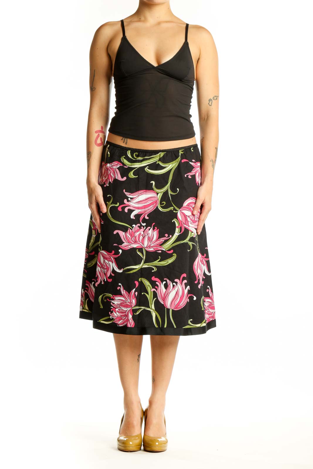Black floral A-line midi skirt with pink flowers and green foliage, front view