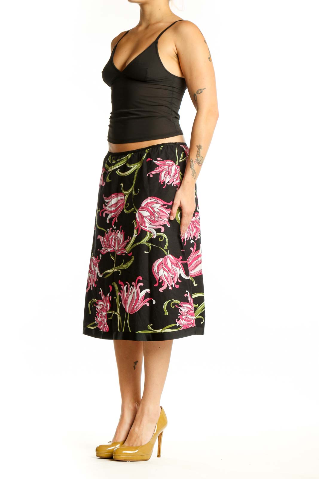 Black floral A-line midi skirt with pink flowers and green foliage, front view