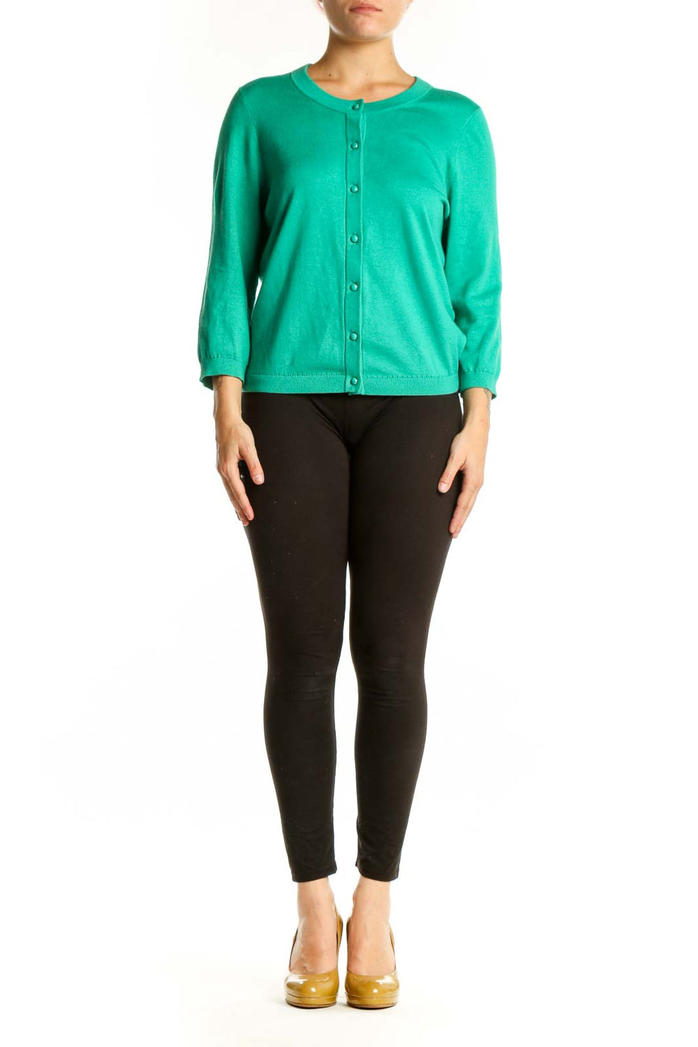 Kate Spade emerald green cashmere blend cardigan with button-front closure and three-quarter sleeves, worn with black pants
