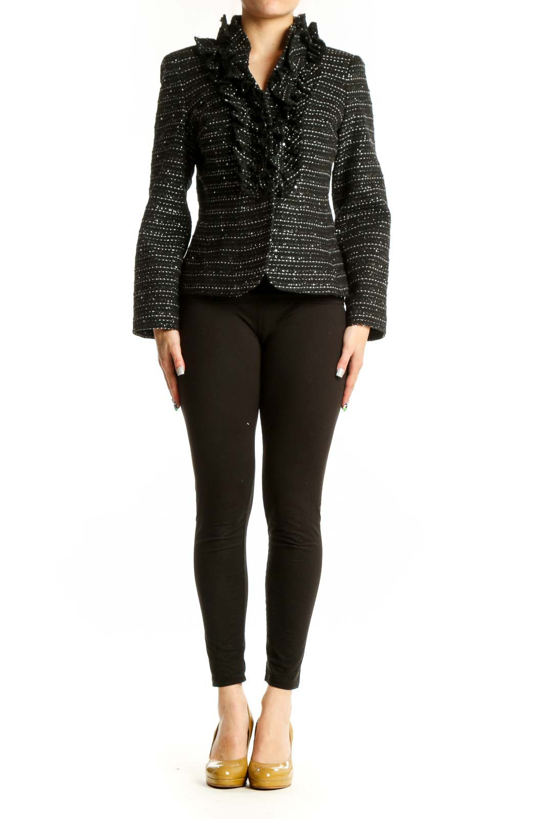 Black studded blazer jacket with rhinestone embellishments and ruffled collar, front view