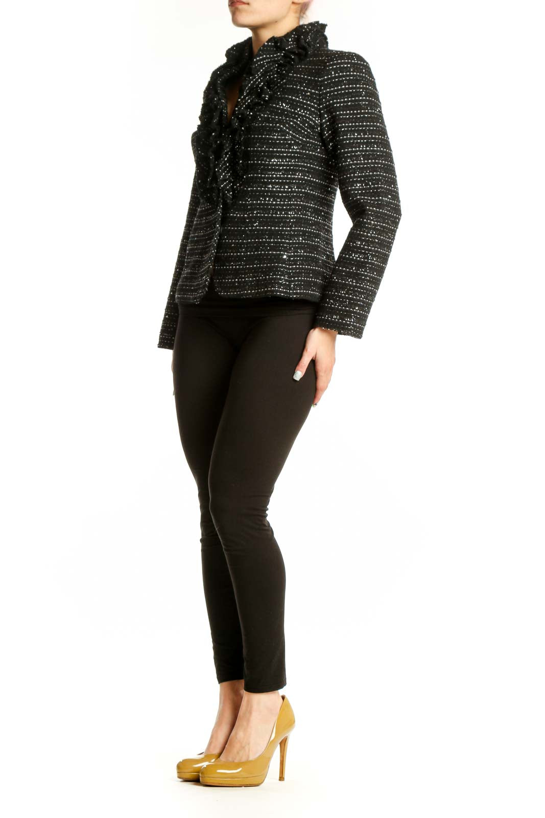 Black studded blazer jacket with rhinestone embellishments and ruffled collar, front view