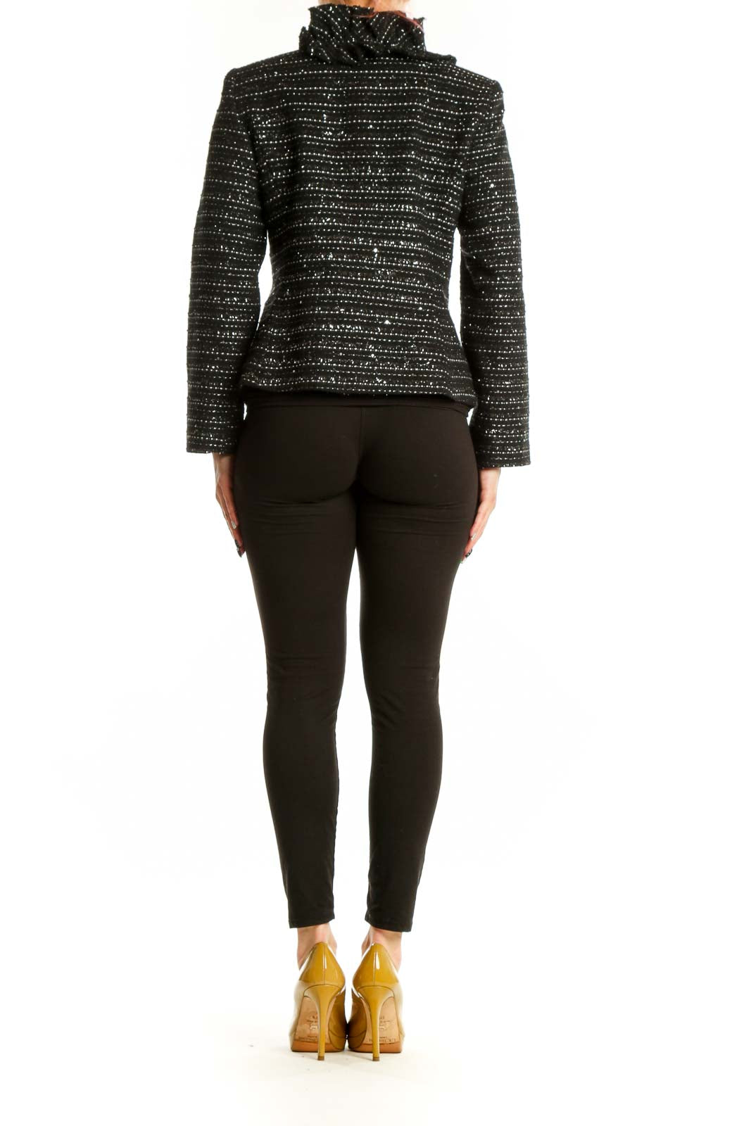 Black studded blazer jacket with rhinestone embellishments, back view