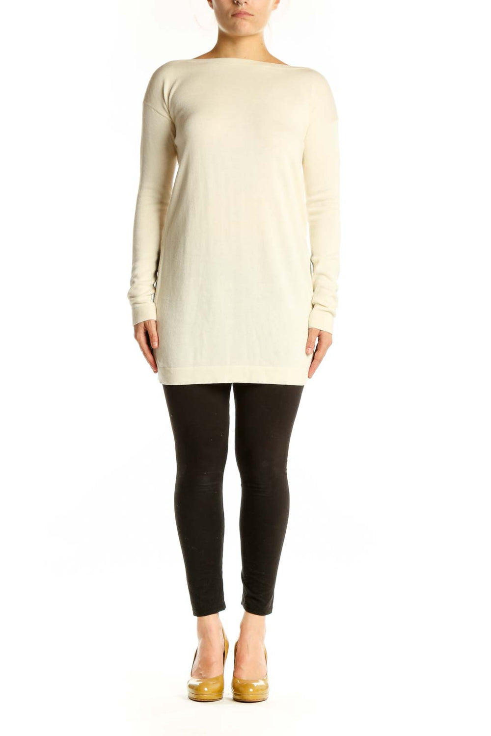 Cream modal pima cotton long sleeve knit with boat neckline, front view on model