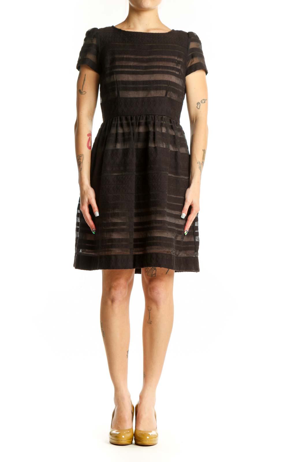 Black striped short sleeve fit and flare dress with crew neckline and A-line skirt, front view