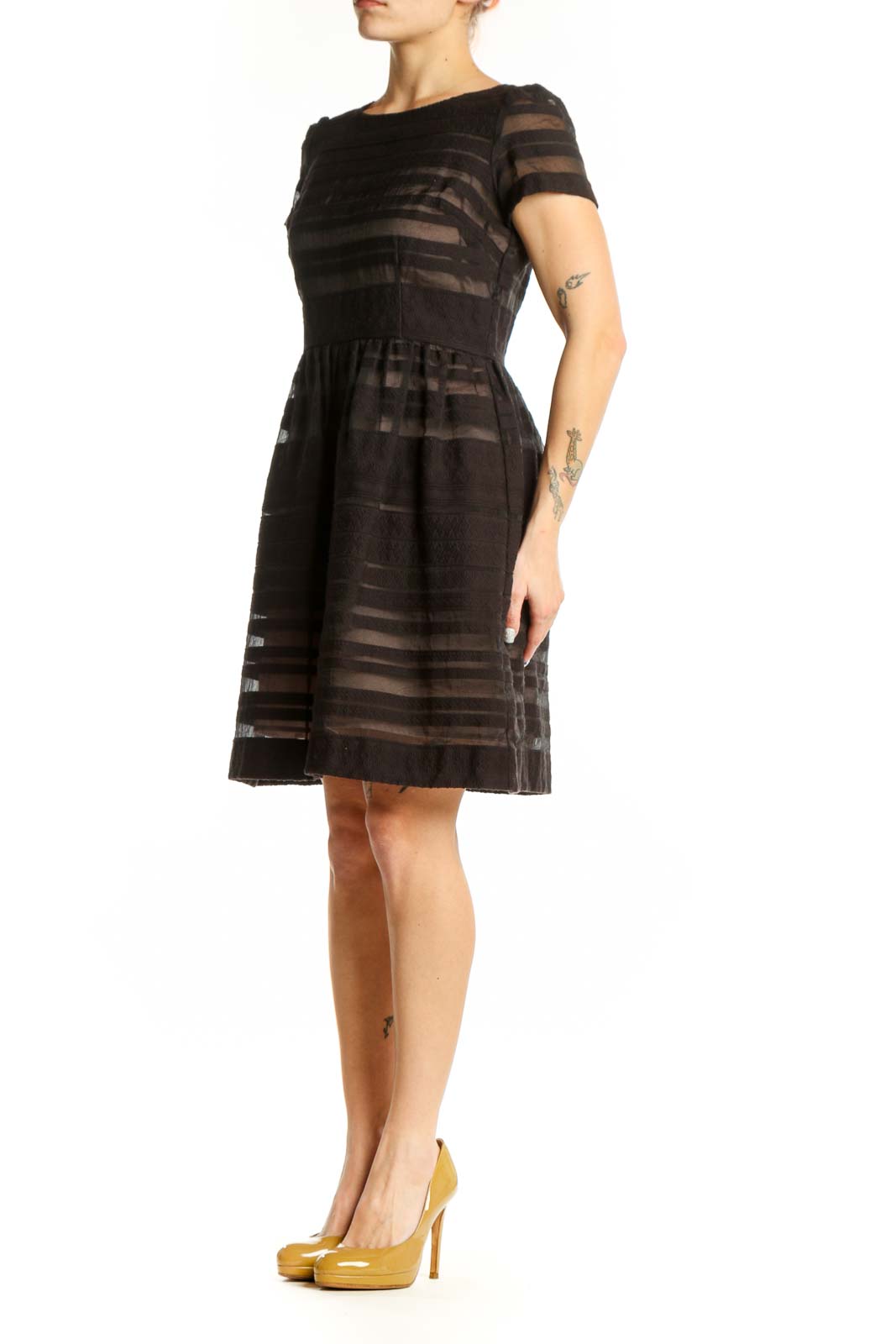 Black striped short sleeve fit and flare dress with crew neckline and A-line skirt, front view