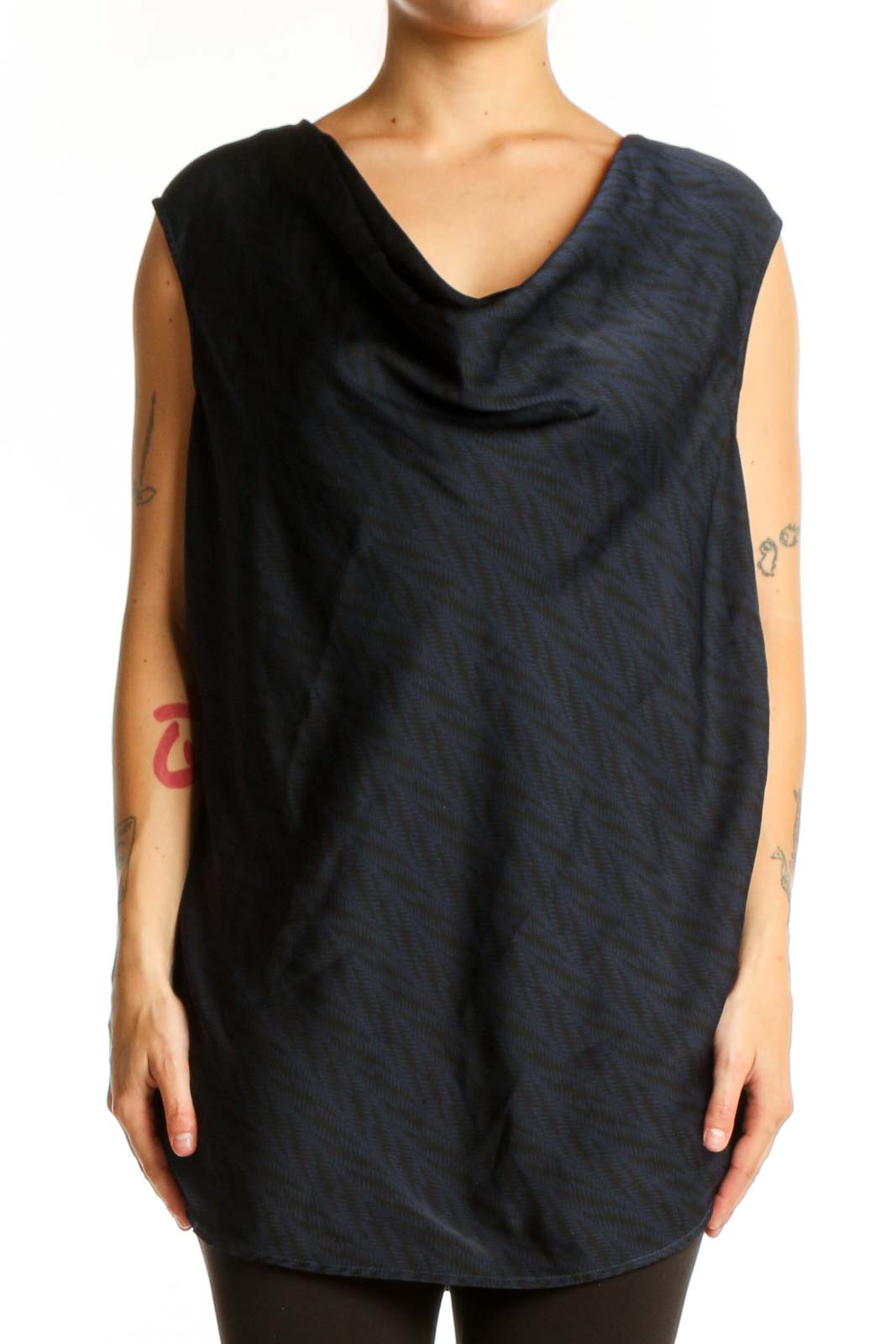 Navy cowl neck sleeveless top with textured weave, front view on model