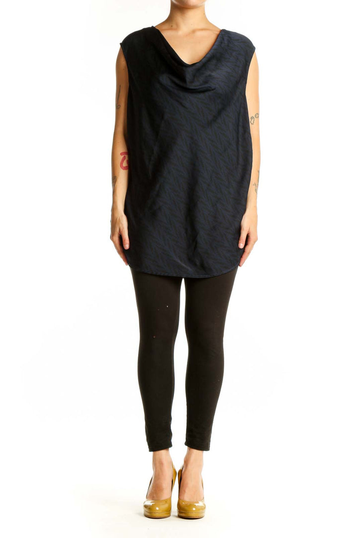 Navy cowl neck sleeveless top with textured weave, front view on model