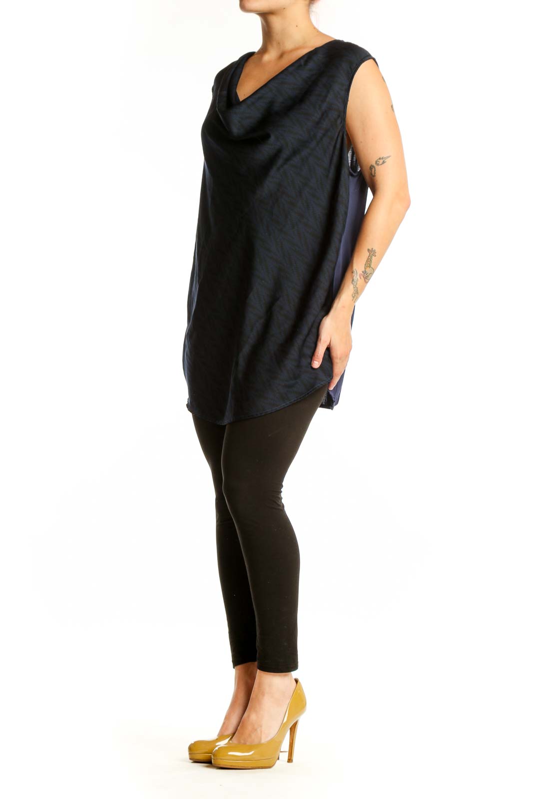 Navy cowl neck sleeveless top with textured weave, front view on model