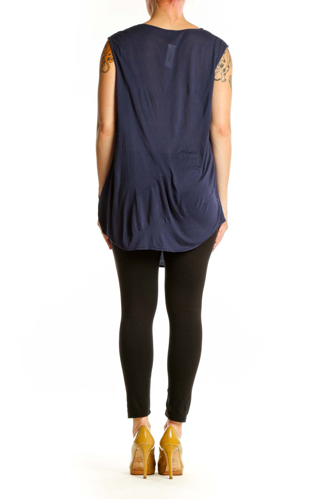 Navy cowl neck sleeveless top back view, showing draped neckline and relaxed fit