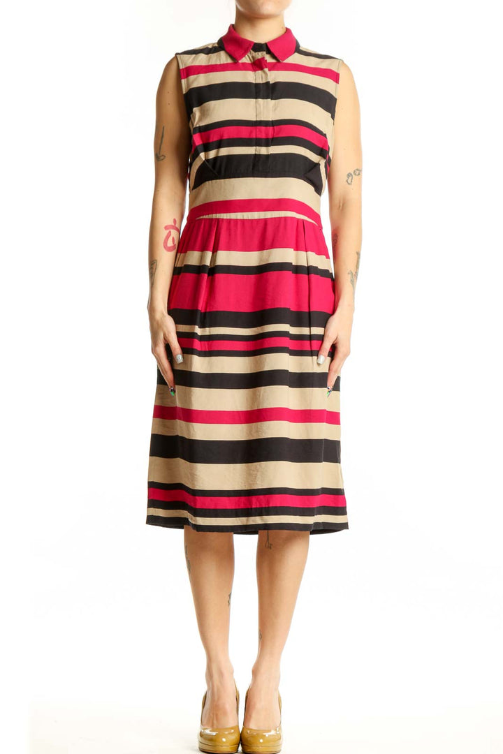 L.K. Bennett pink and black striped sleeveless shirt dress with button-front closure and A-line skirt, front view