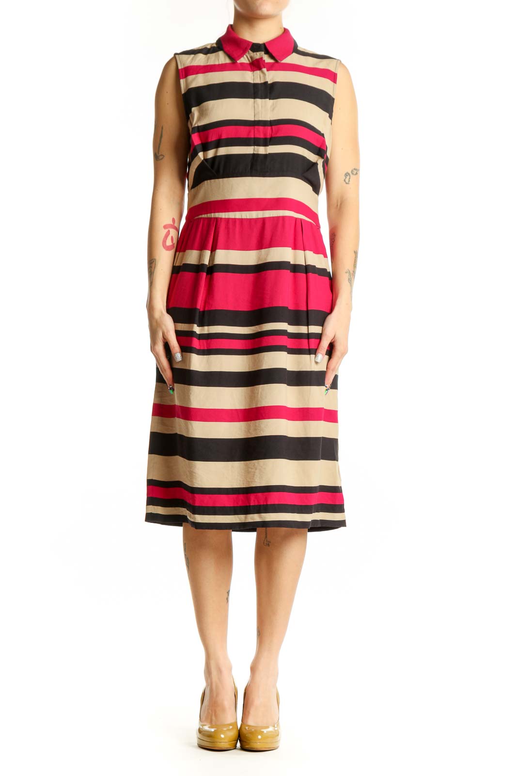 L.K. Bennett pink and black striped sleeveless shirt dress with button-front closure and A-line skirt, front view