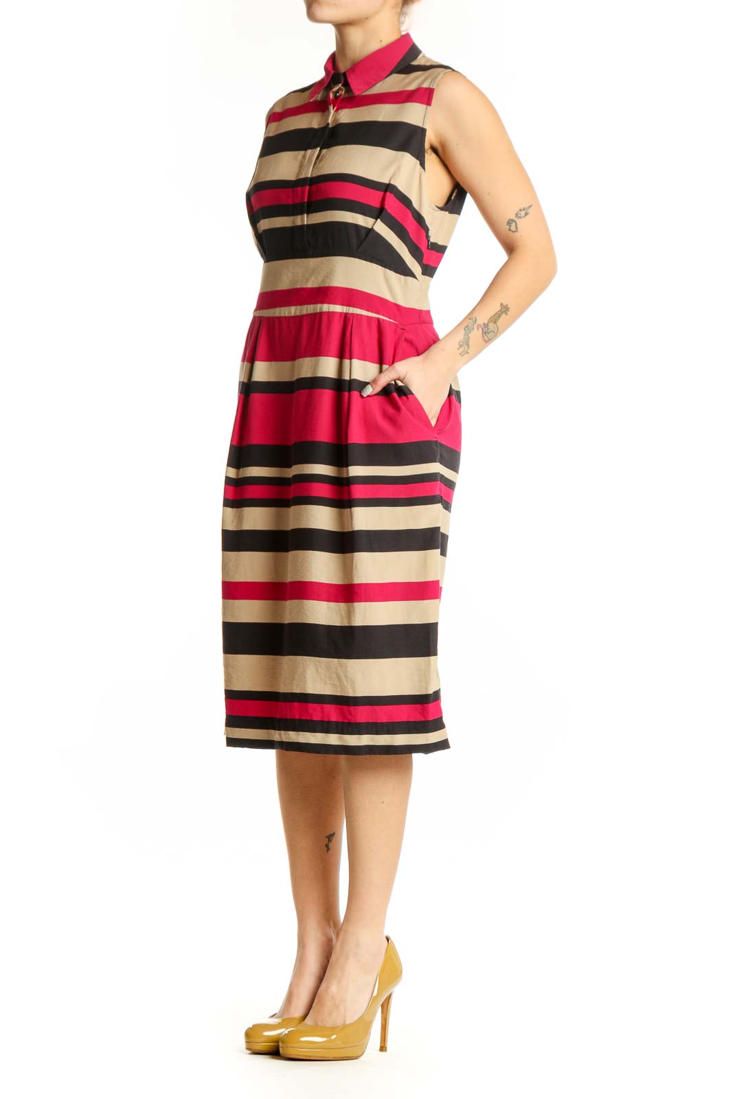 L.K. Bennett pink and black striped sleeveless shirt dress with button-front closure and A-line skirt, front view