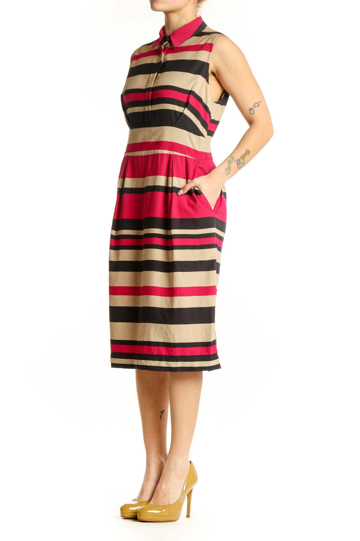 L.K. Bennett pink and black striped sleeveless shirt dress with button-front closure and A-line skirt, front view