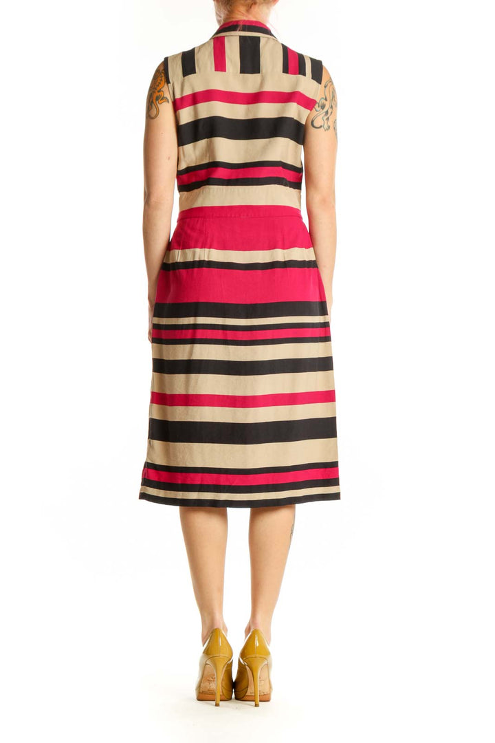 L.K. Bennett pink and black striped sleeveless shirt dress with side pockets, back view
