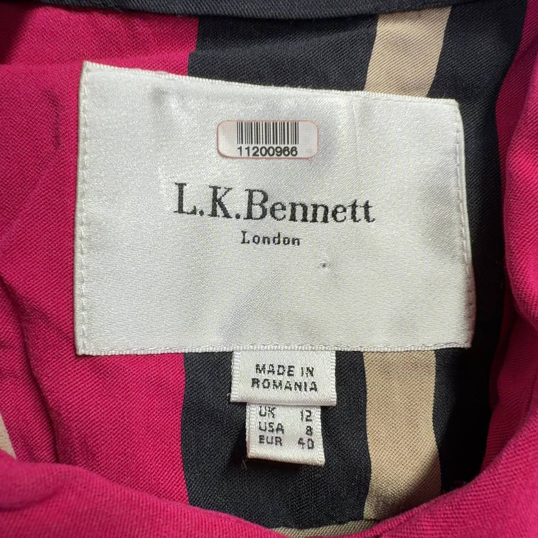L.K. Bennett pink and black striped sleeveless shirt dress with side pockets, back view