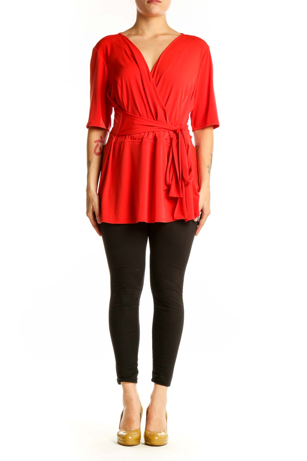 Red wrap blouse with tie waist and three-quarter sleeves, front view on model
