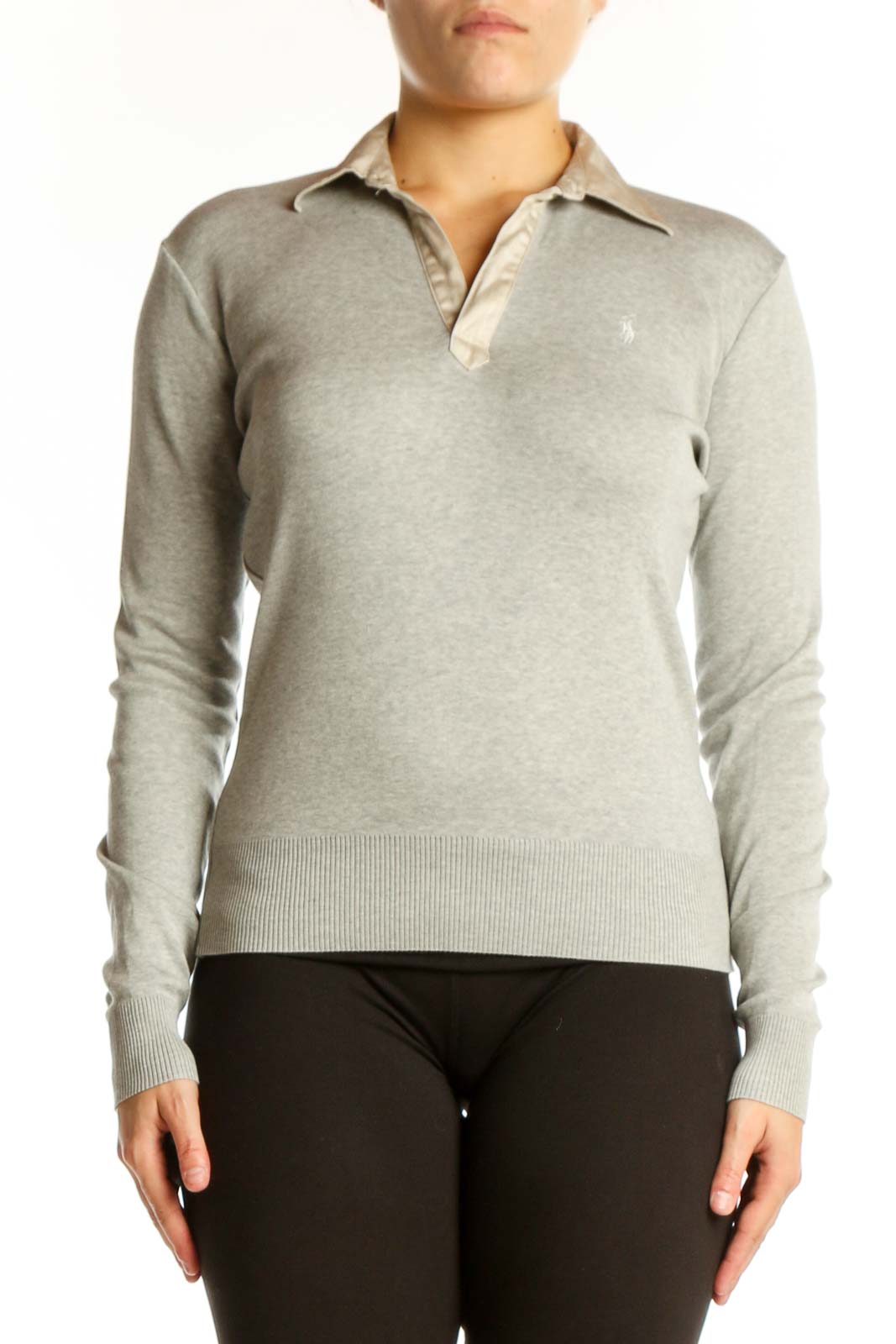 Beige cotton long sleeve golf polo with Ralph Lauren embroidered logo and buttoned collar, front view