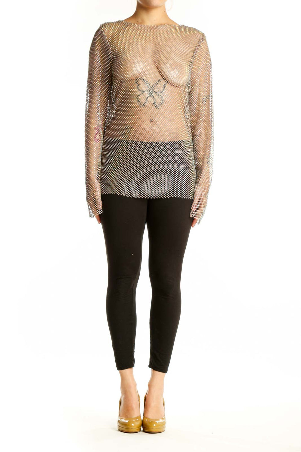 Silver sequin mesh long sleeve knit top with gradient design, front view on model