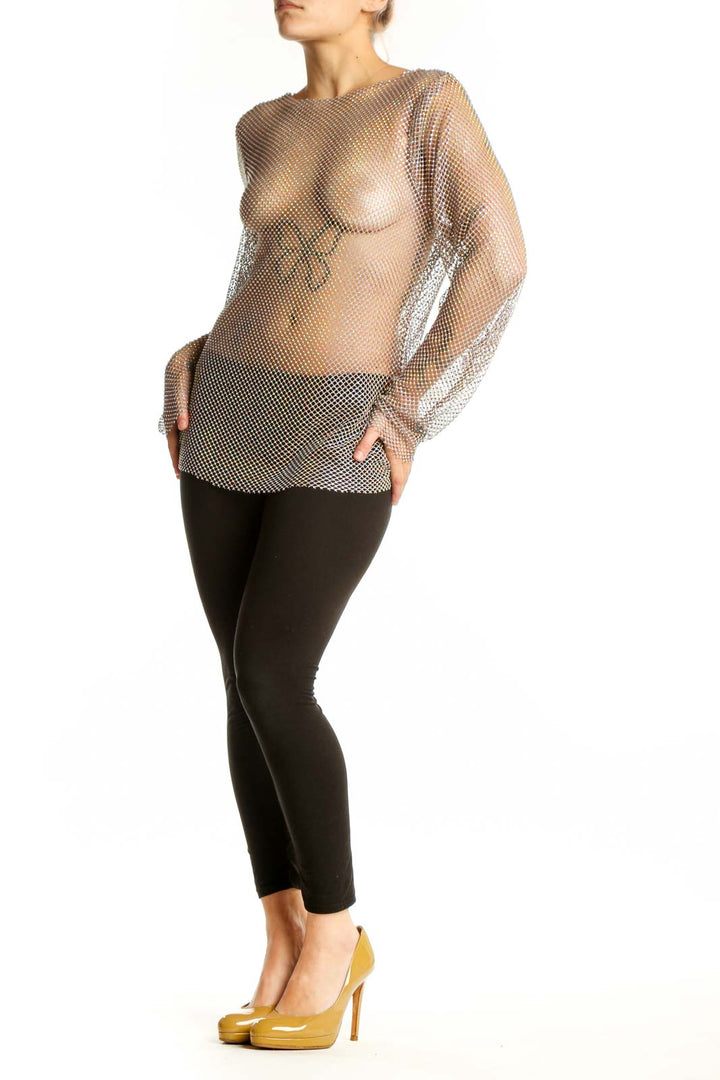 Silver sequin mesh long sleeve knit top with gradient design, front view on model