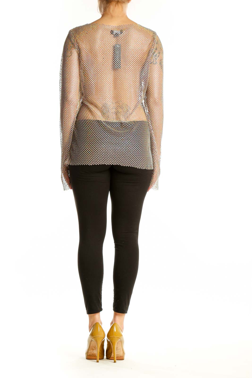 Silver sequin mesh long sleeve knit top with gradient design, back view on model