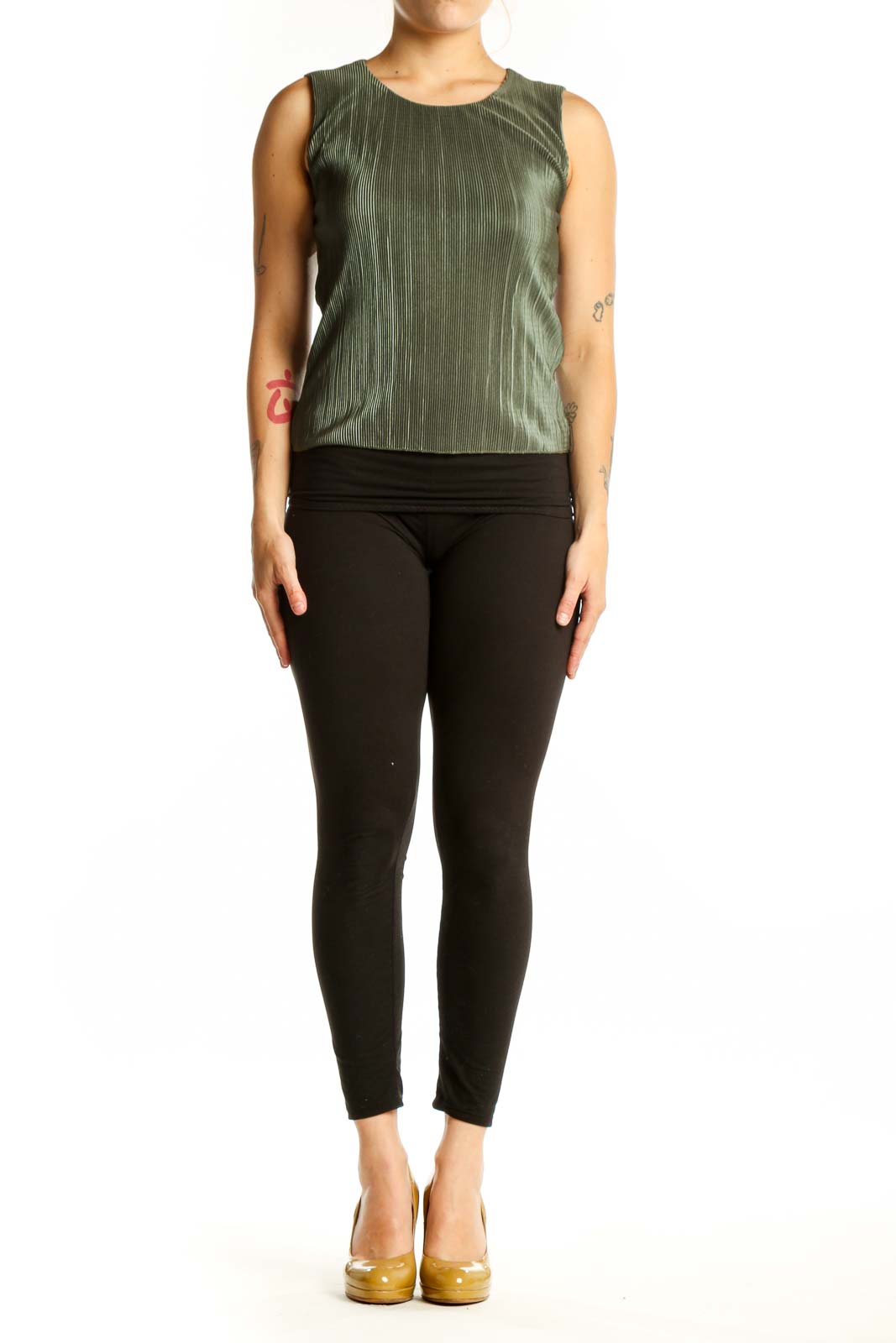 Sage green ribbed sleeveless tank top by J.Crew with crew neckline, front view