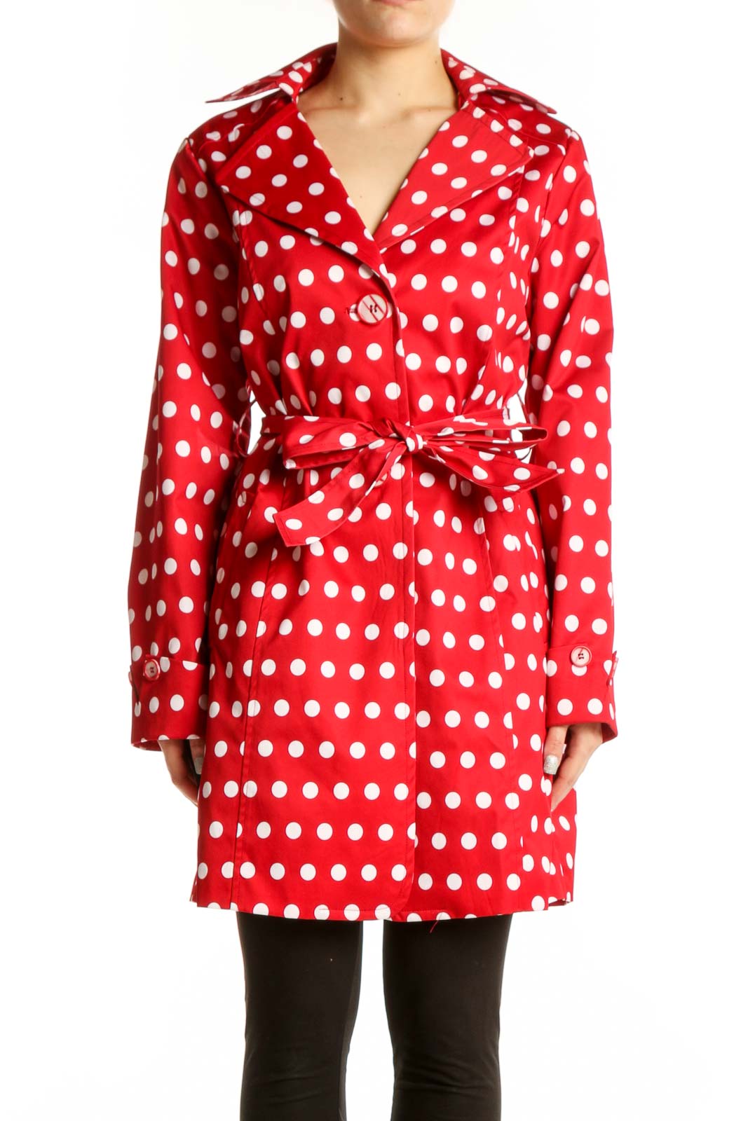 Red and white polka dot wrap coat with tie-belt waist, front view