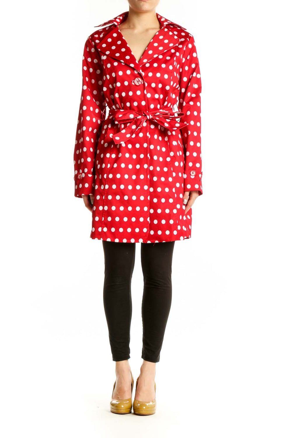 Red and white polka dot wrap coat with tie-belt waist, front view