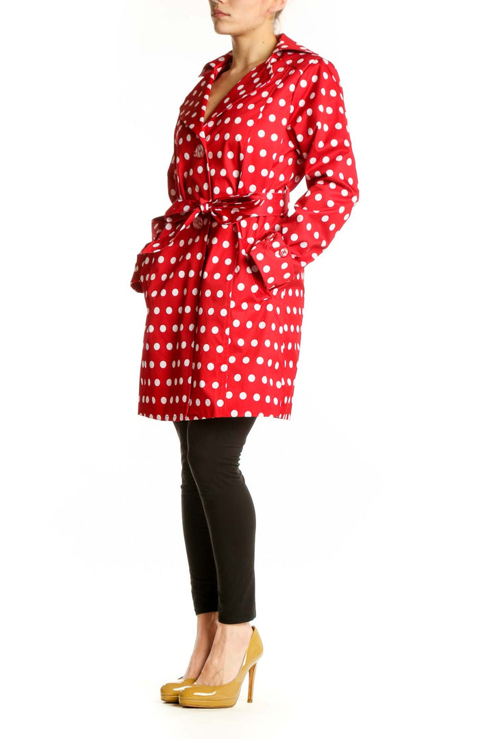 Red and white polka dot wrap coat with tie-belt waist, front view