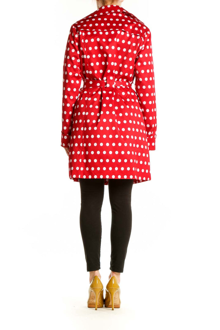 Red and white polka dot wrap coat with tie-belt waist, back view