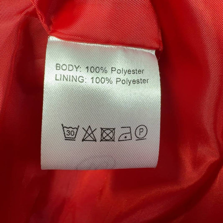 Red and white polka dot wrap coat with tie-belt waist, back view