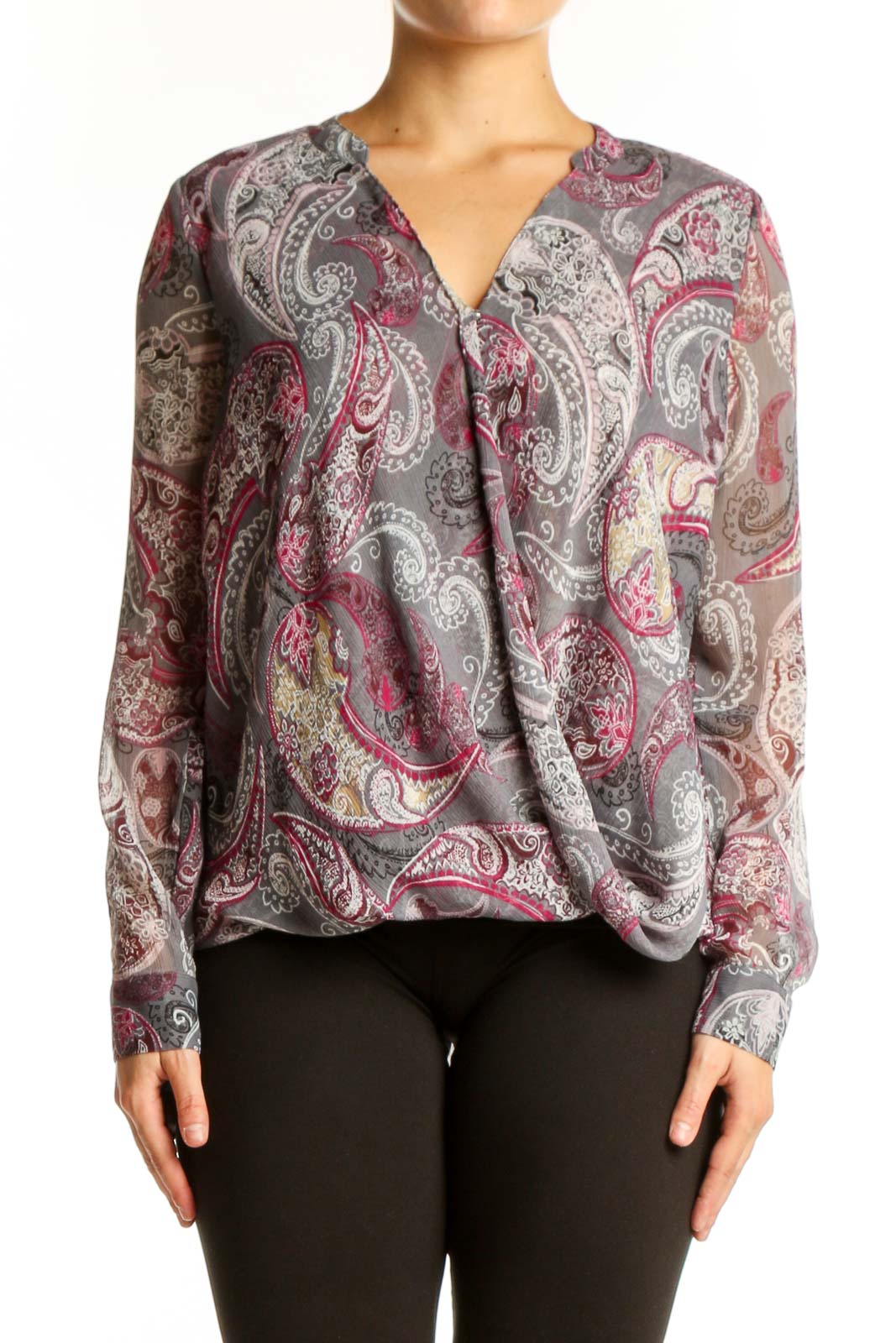 Burgundy paisley print wrap blouse with V-neckline and long sleeves, front view