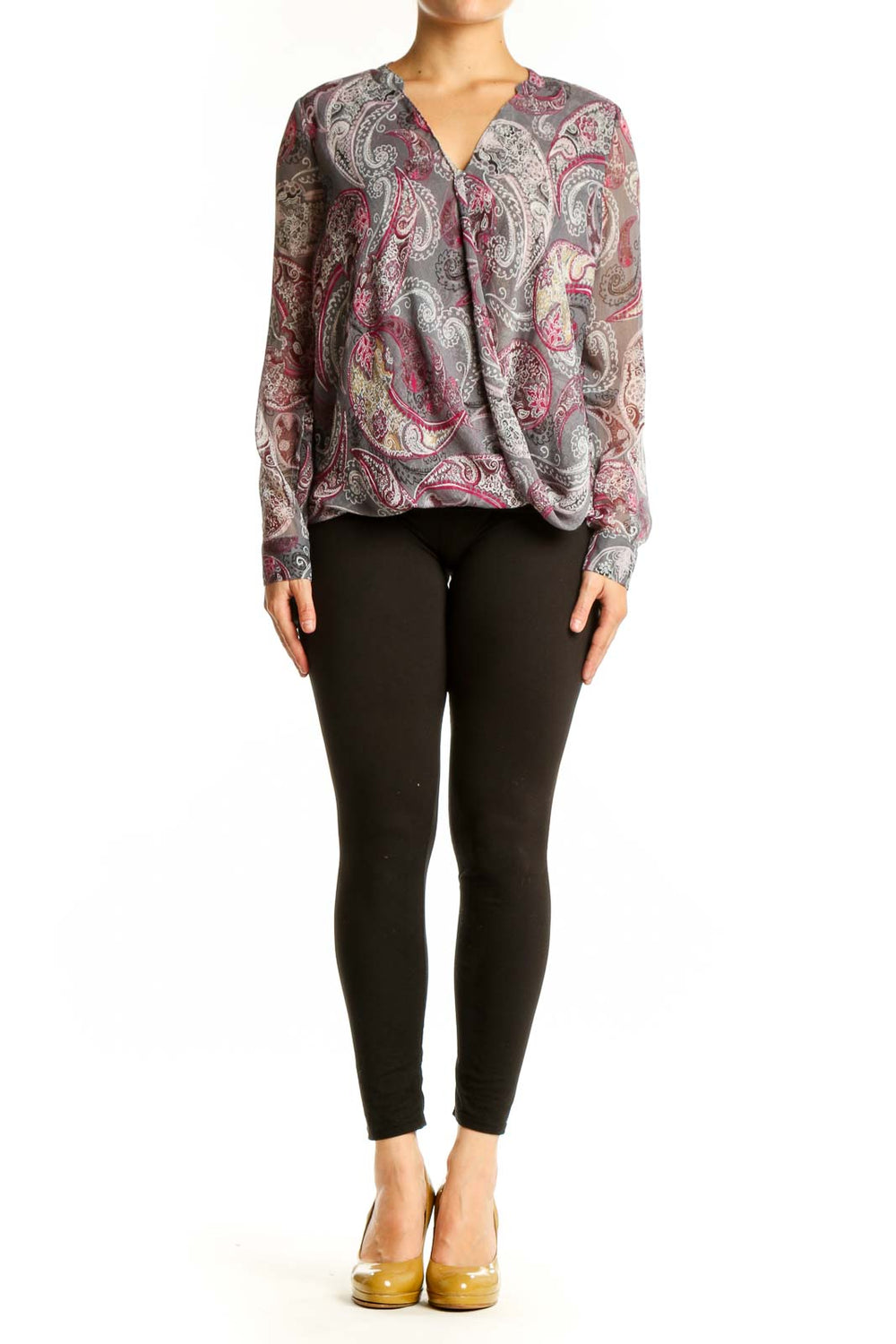 Burgundy paisley print wrap blouse with V-neckline and long sleeves, front view
