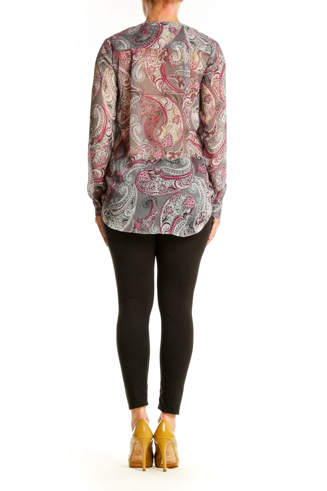 Burgundy paisley print wrap blouse back view showing gathered wrap design