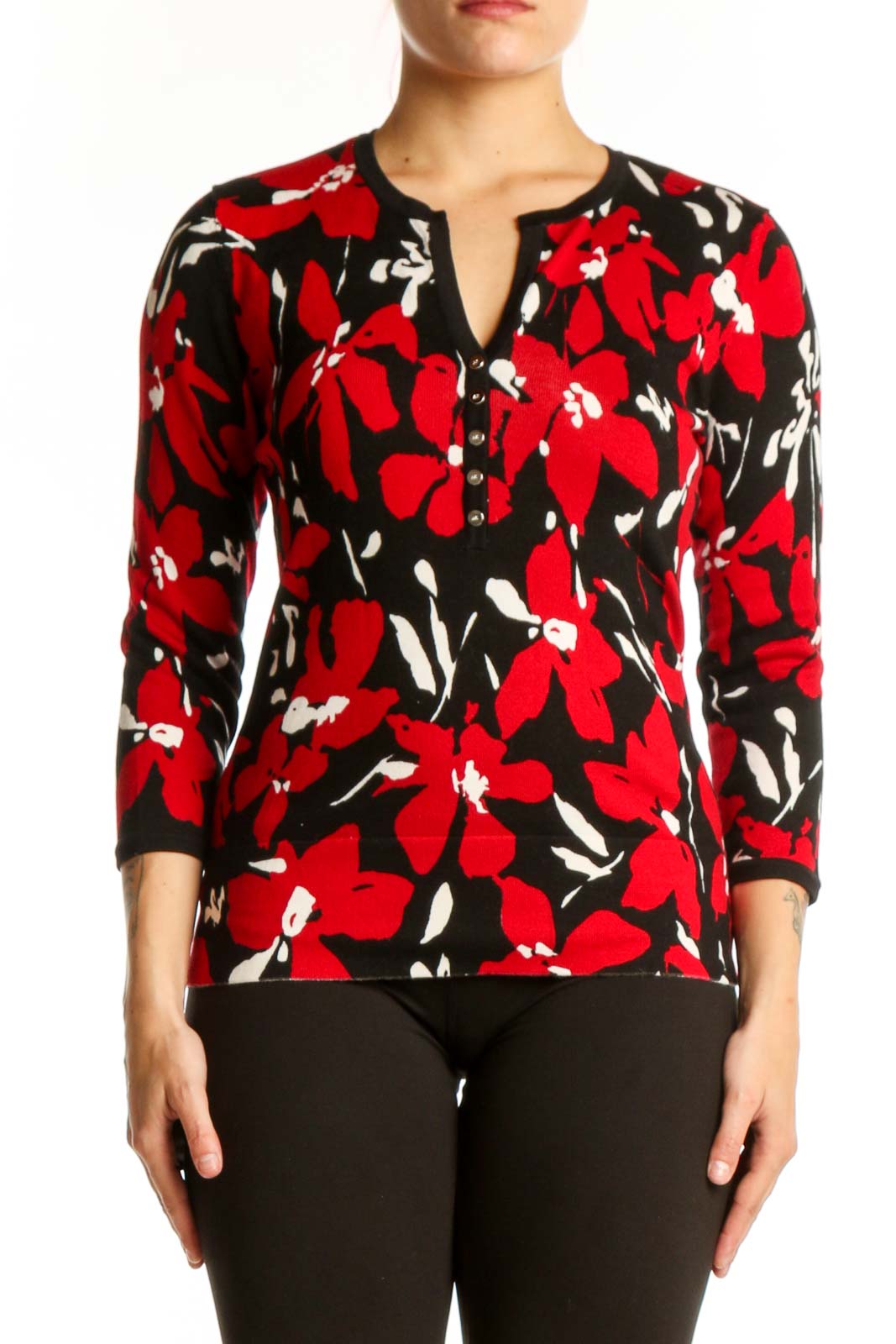 Anne Klein red floral print top with three-quarter sleeves and V-neckline, front view on model