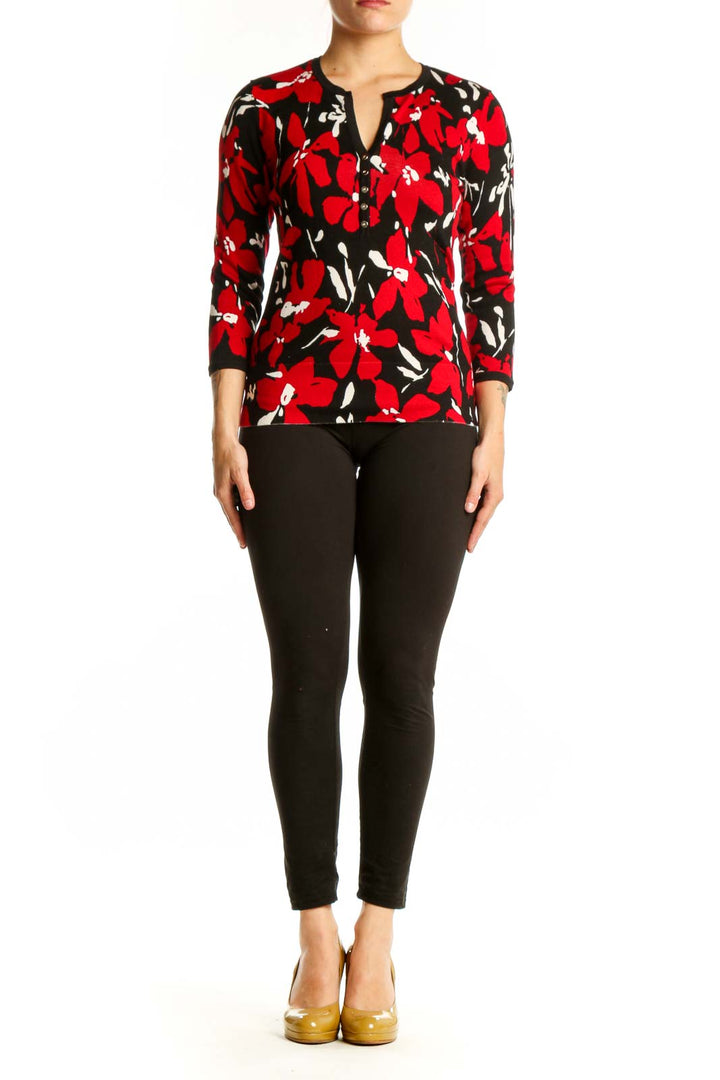 Anne Klein red floral print top with three-quarter sleeves and V-neckline, front view on model