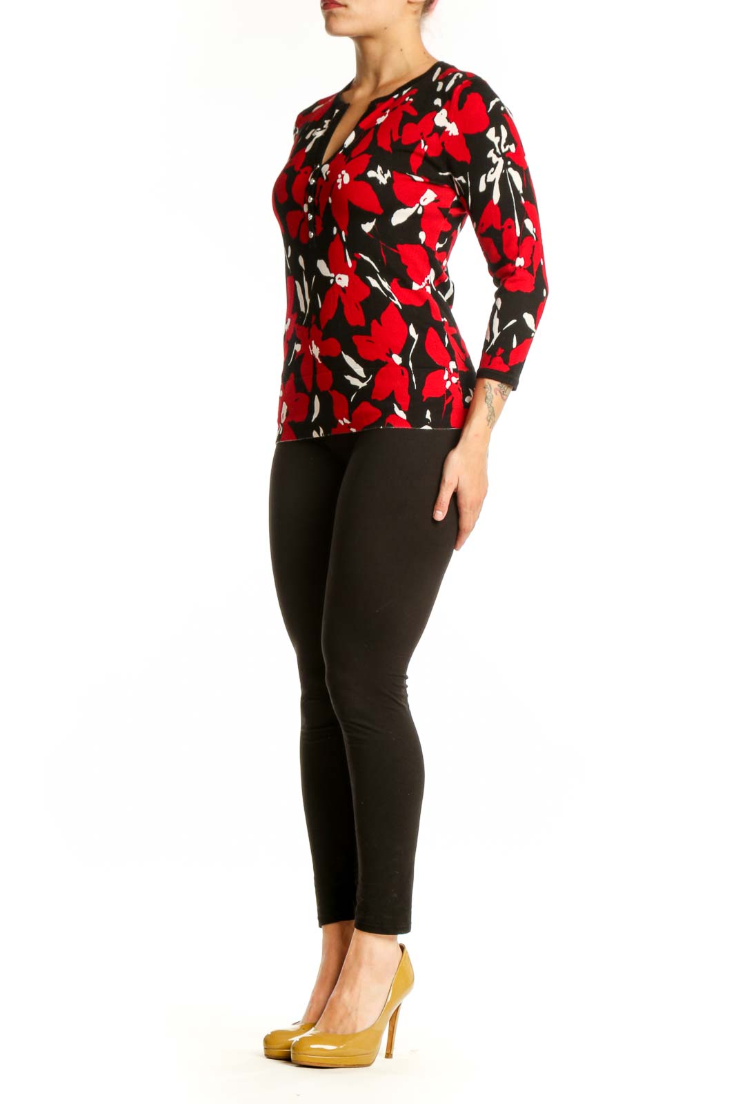 Anne Klein red floral print top with three-quarter sleeves and V-neckline, front view on model