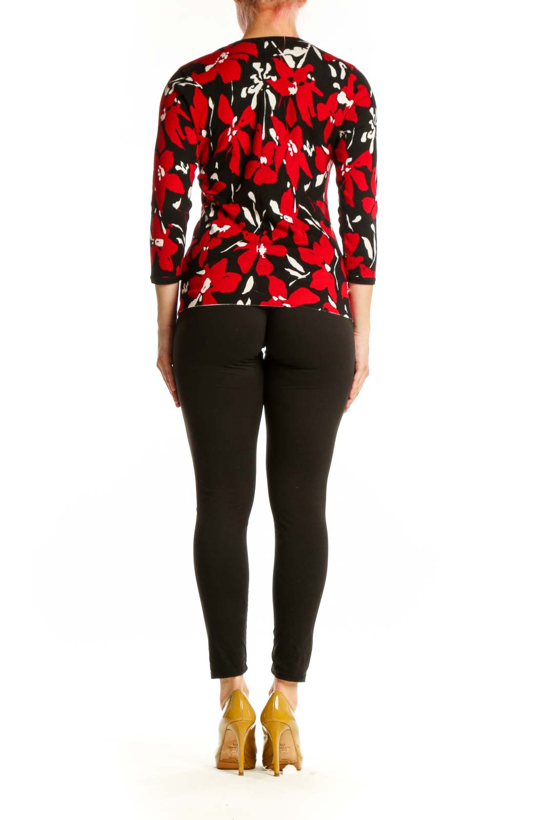 Anne Klein red floral print top with three-quarter sleeves, back view on model