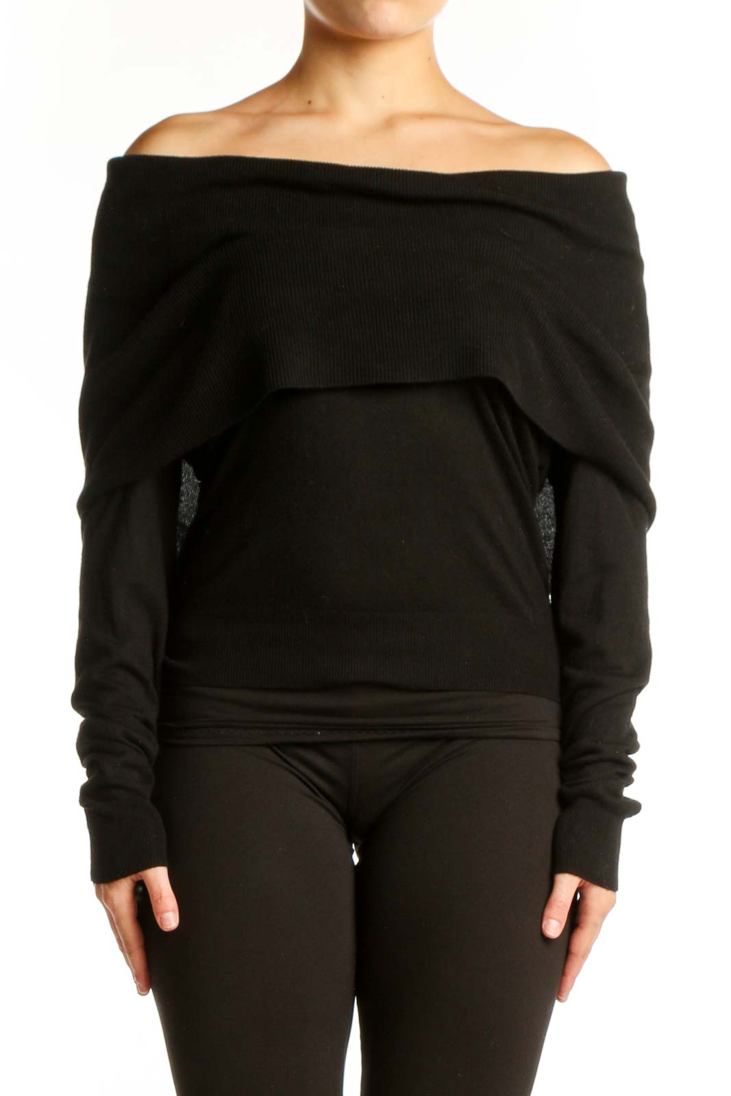 Black off-shoulder cashmere blend top with long sleeves and fitted waist, front view